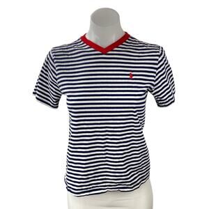 Polo Ralph Lauren White Navy Striped V Neck Short Sleeve Basic Tee T-Shirt Top S